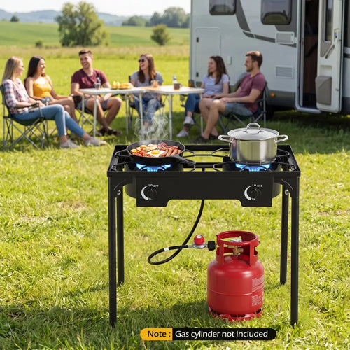 2 Burner Propane Stove 160000 BTU with Adjustable Regulator & Hose for Camping BBQ-Black - Black - Outdoor Grills