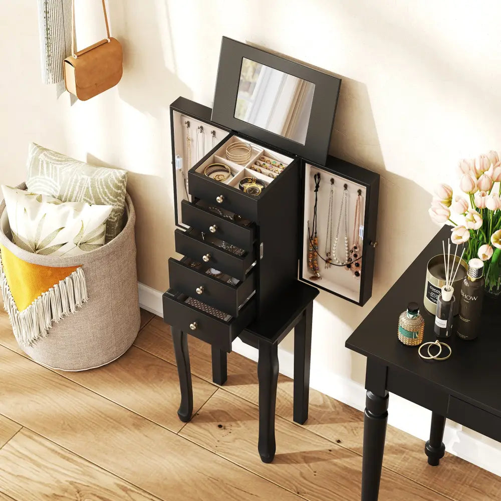 2 Colors Armoire Storage Standing Jewelry Cabinet with Mirror-Black - Black - Jewelry Armoires