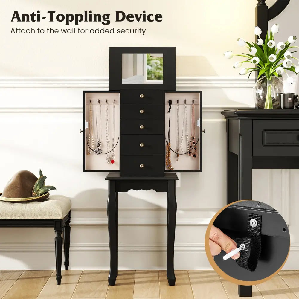 2 Colors Armoire Storage Standing Jewelry Cabinet with Mirror-Black - Black - Jewelry Armoires