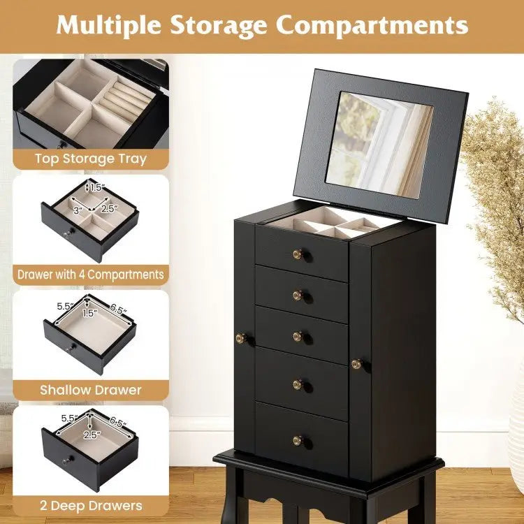 2 Colors Armoire Storage Standing Jewelry Cabinet with Mirror - Black - Oasis Home Essentials
