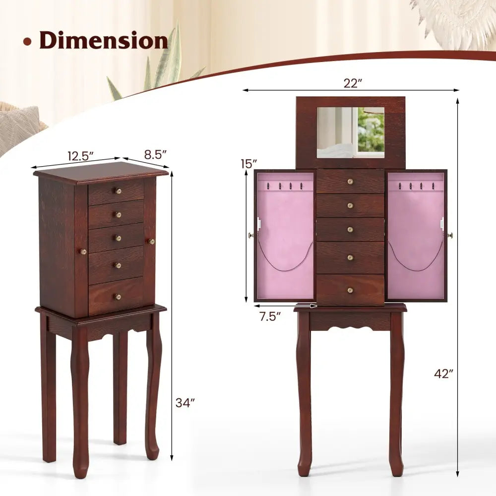 2 Colors Armoire Storage Standing Jewelry Cabinet with Mirror-Brown Costway