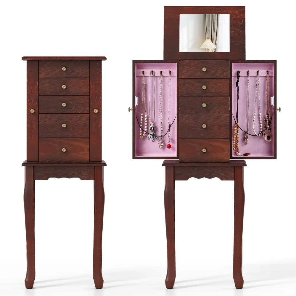 2 Colors Armoire Storage Standing Jewelry Cabinet with Mirror-Brown Costway