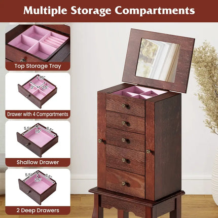 2 Colors Armoire Storage Standing Jewelry Cabinet with Mirror-Brown Costway