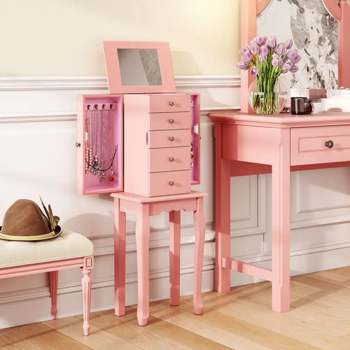 2 Colors Armoire Storage Standing Jewelry Cabinet with Mirror-Pink - Pink - Jewelry Armoires