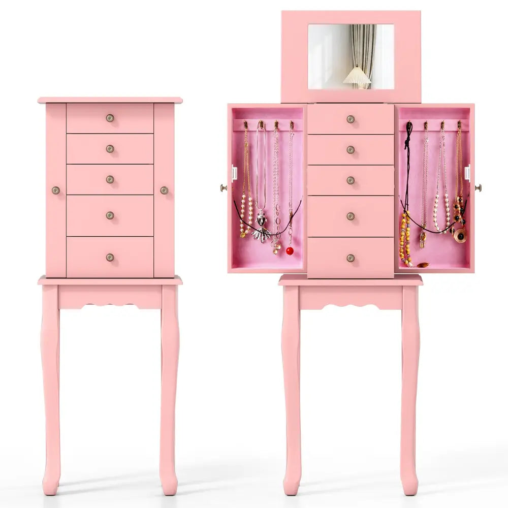 2 Colors Armoire Storage Standing Jewelry Cabinet with Mirror-Pink - Pink - Jewelry Armoires