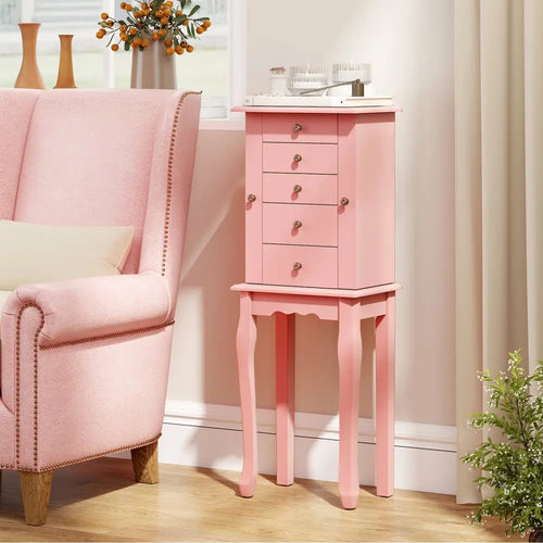2 Colors Armoire Storage Standing Jewelry Cabinet with Mirror-Pink - Pink - Jewelry Armoires