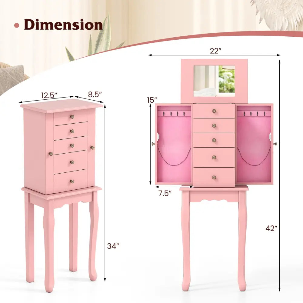 2 Colors Armoire Storage Standing Jewelry Cabinet with Mirror-Pink - Pink - Jewelry Armoires