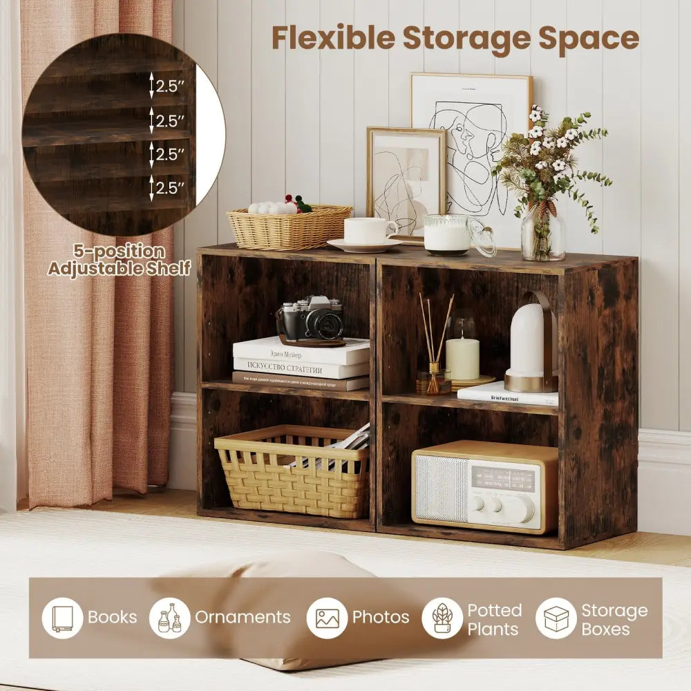 2-Cube Bookcase Floor Standing Open Bookshelf with 5-Position Adjustable Shelf-Brown Costway