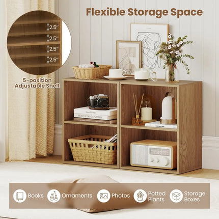 2-Cube Bookcase Floor Standing Open Bookshelf with 5-Position Adjustable Shelf-Natural Costway
