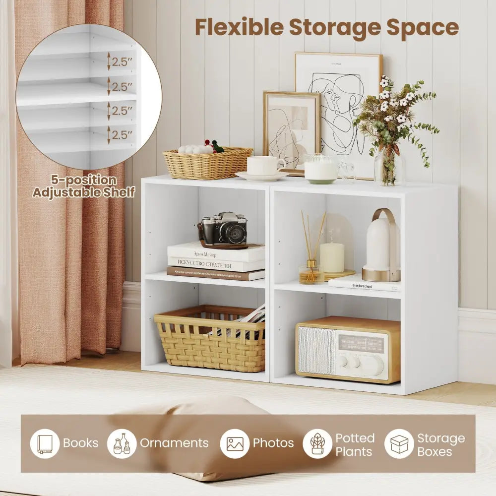 2-Cube Bookcase Floor Standing Open Bookshelf with 5-Position Adjustable Shelf-White Costway