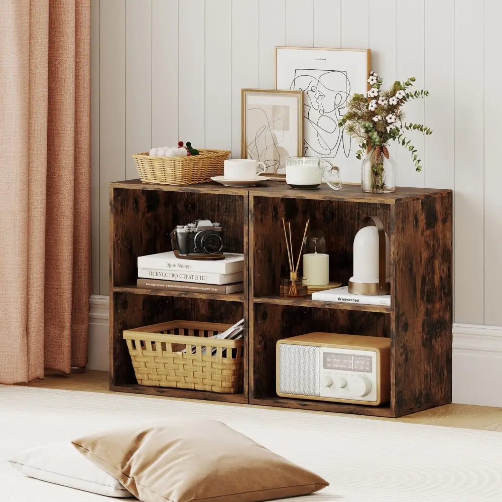 2-Cube Bookcase Set of 2 Floor Standing Open Bookshelf w/ 5-Position Adjustable Shelf-Brown Costway