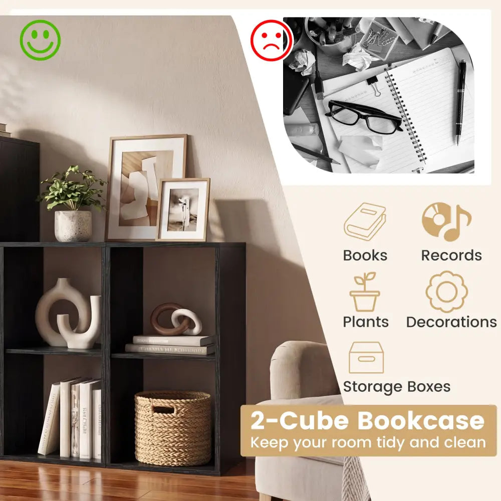 2 Cube Bookshelf with Back Guardrail for Living Room Bedroom-Black - Black - Bookcases