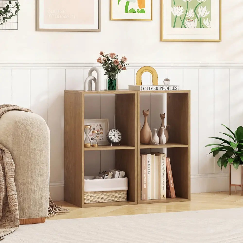 2 Cube Bookshelf with Back Guardrail for Living Room Bedroom-Natural Costway