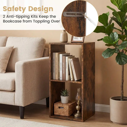 2 Cube Bookshelf with Back Guardrail for Living Room Bedroom-Rustic Brown Costway