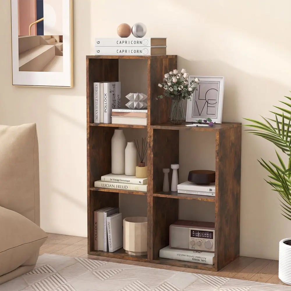 2 Cube Bookshelf with Back Guardrail for Living Room Bedroom-Rustic Brown Costway