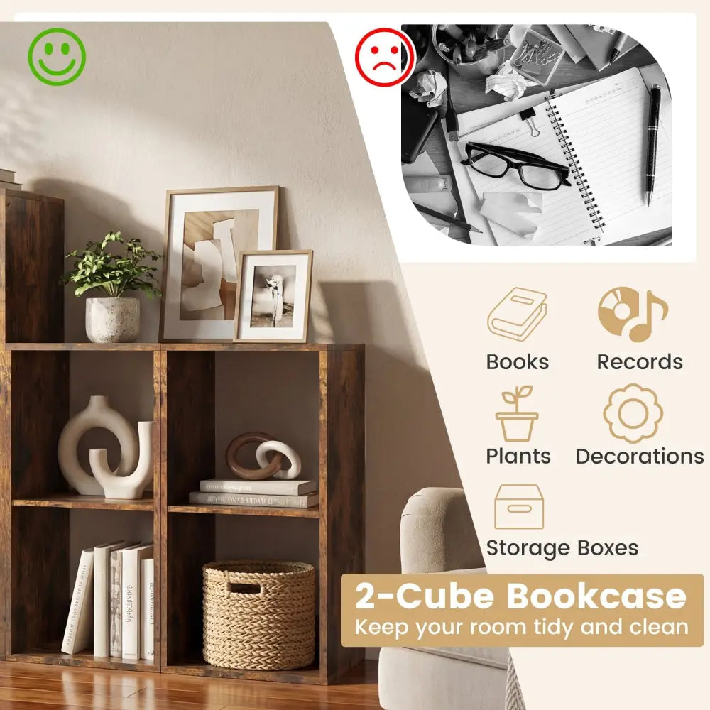 2 Cube Bookshelf with Back Guardrail for Living Room Bedroom-Rustic Brown Costway