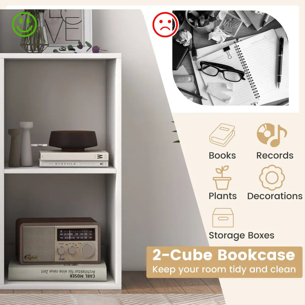 2 Cube Bookshelf with Back Guardrail for Living Room Bedroom-White - White - Bookcases