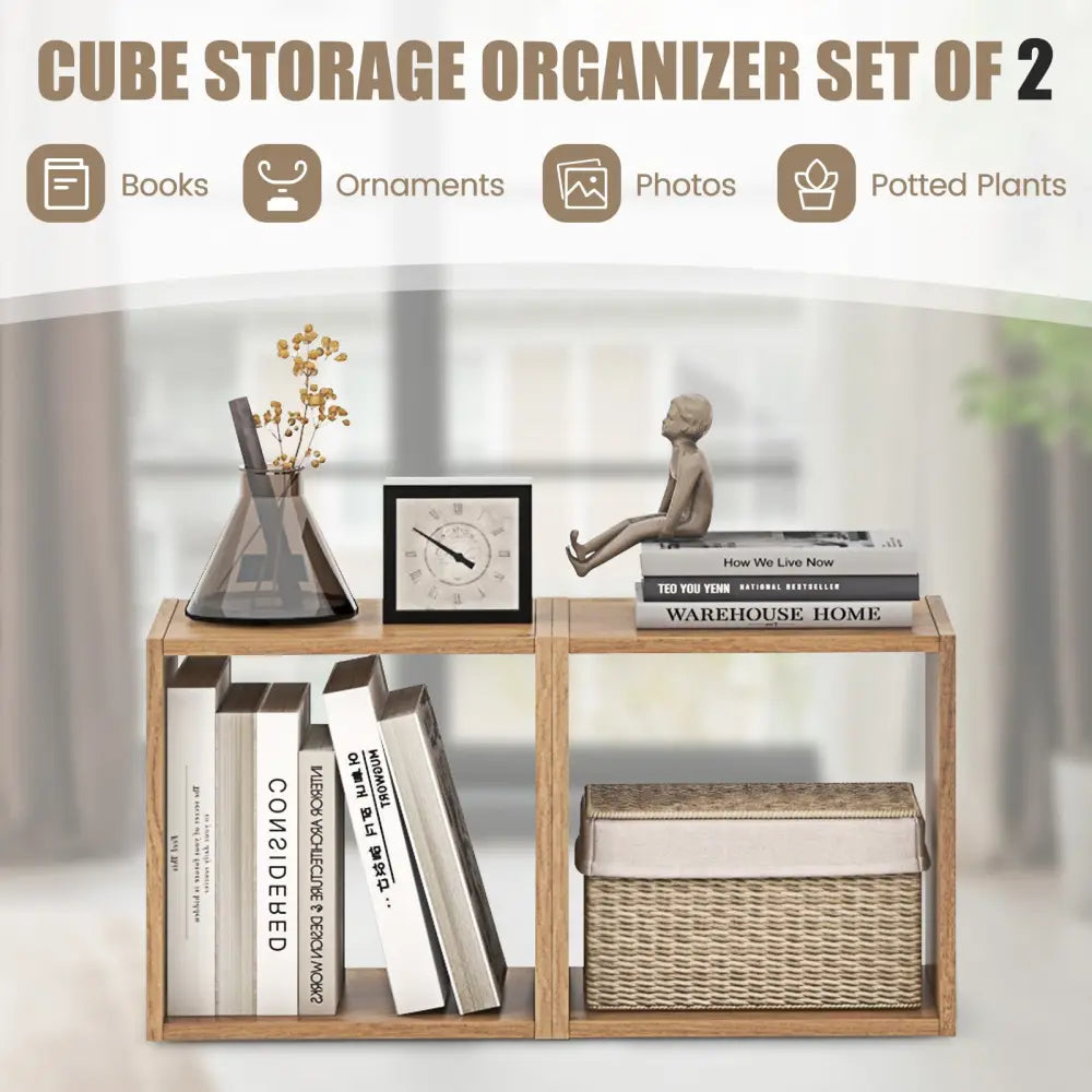 2 Cubes Stackable Bookcase for Living Room and Study-Natural - Natural - Bookcases