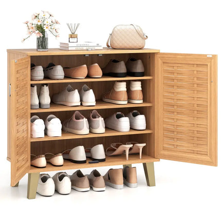 2-Door 4-Tier Shoe Cabinet Storage Organizer with Ventilated Woven Doors-Teak - Teak - Shoe Racks & Storage Benches