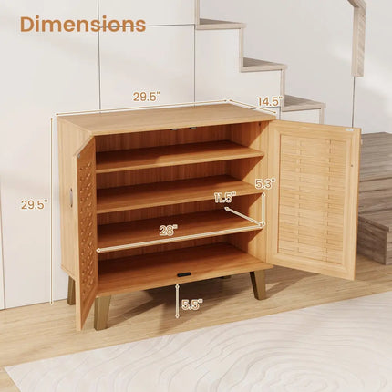 2-Door 4-Tier Shoe Cabinet Storage Organizer with Ventilated Woven Doors-Teak - Teak - Shoe Racks & Storage Benches