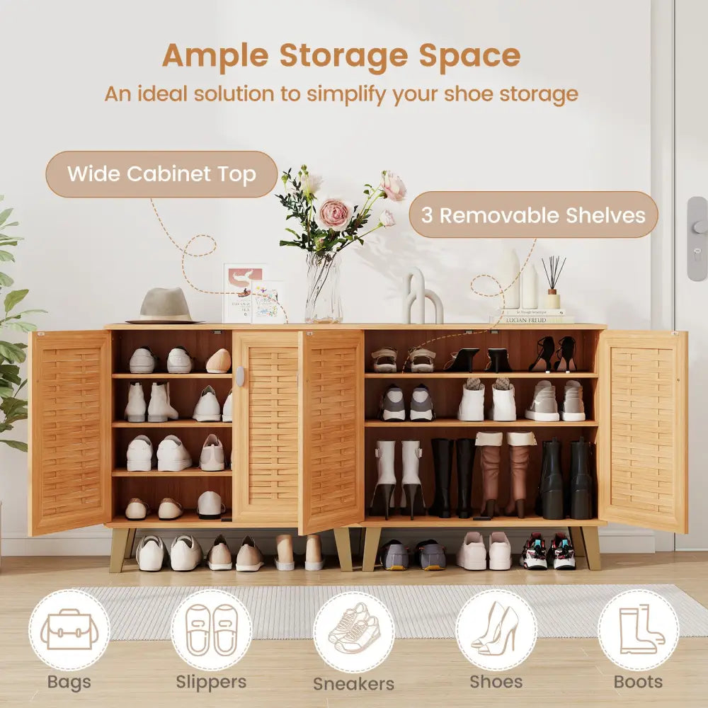 2-Door 4-Tier Shoe Cabinet Storage Organizer with Ventilated Woven Doors-Teak - Teak - Shoe Racks & Storage Benches