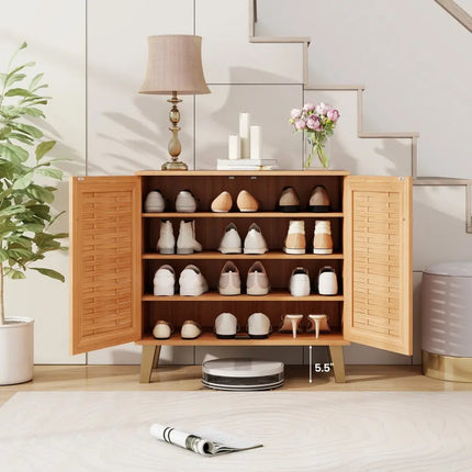 2-Door 4-Tier Shoe Cabinet Storage Organizer with Ventilated Woven Doors-Teak - Teak - Shoe Racks & Storage Benches