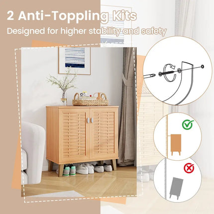 2-Door 4-Tier Shoe Cabinet Storage Organizer with Ventilated Woven Doors-Teak - Teak - Shoe Racks & Storage Benches