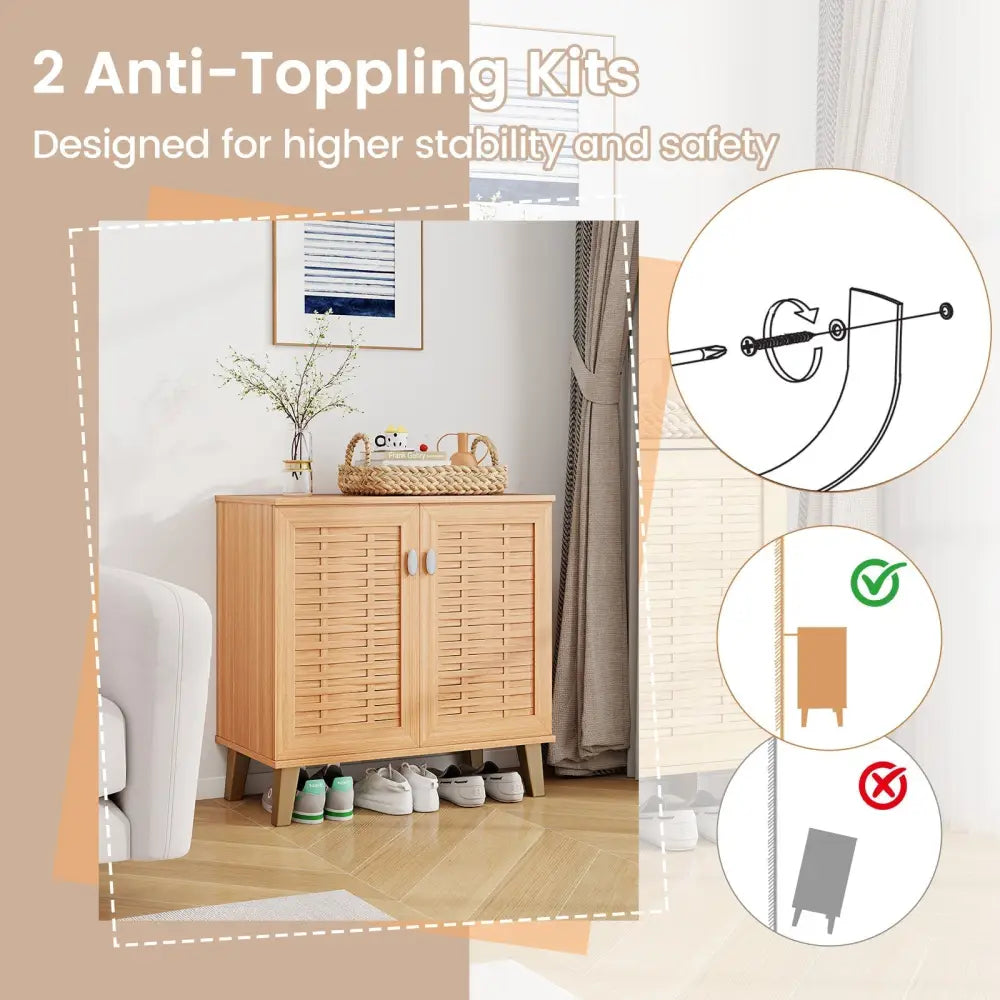 2-Door 4-Tier Shoe Cabinet Storage Organizer with Ventilated Woven Doors-Teak - Teak - Shoe Racks & Storage Benches