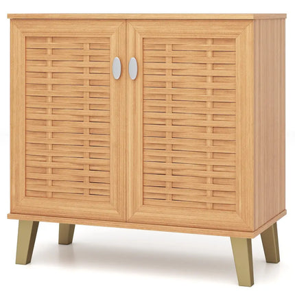 2-Door 4-Tier Shoe Cabinet Storage Organizer with Ventilated Woven Doors-Teak - Teak - Shoe Racks & Storage Benches