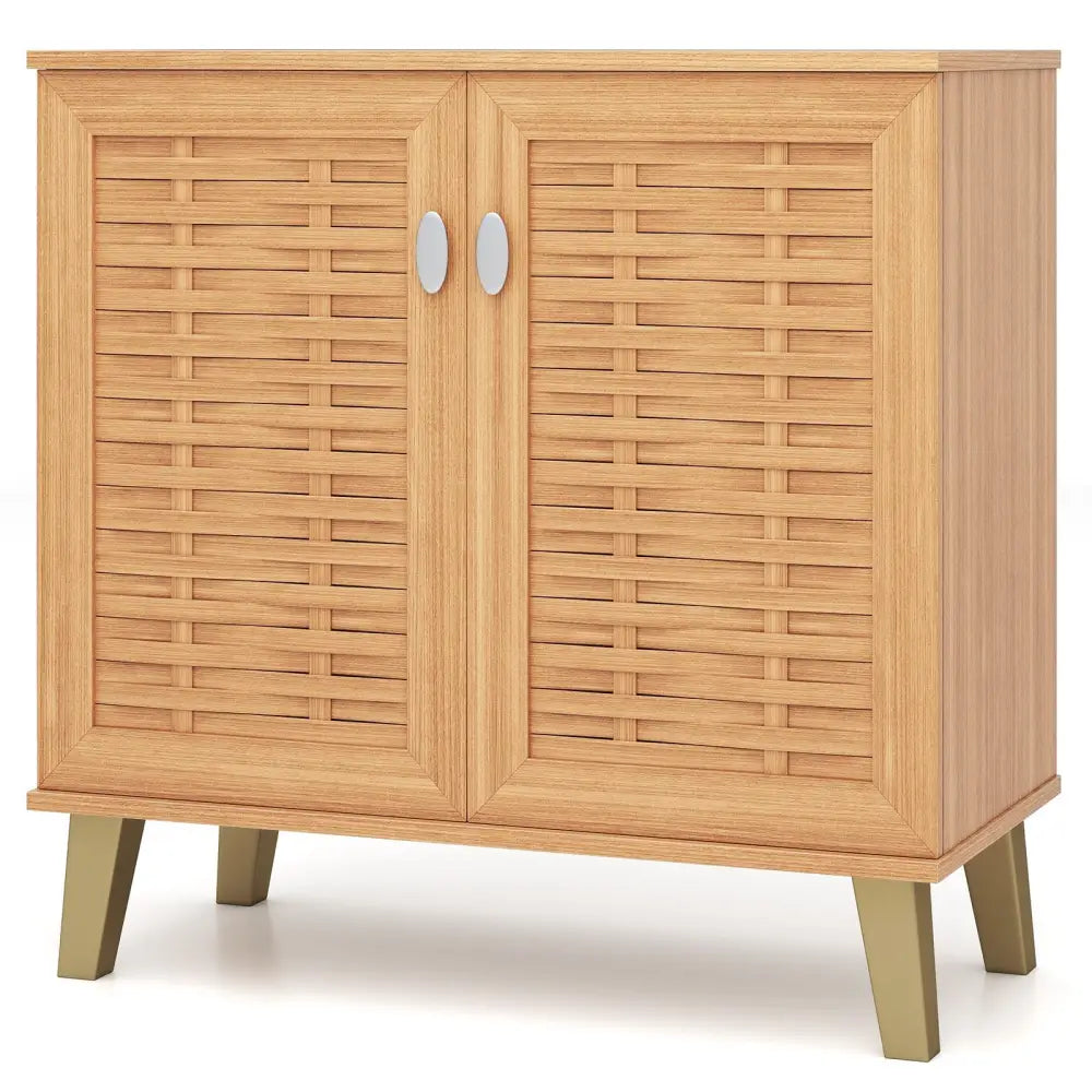 2-Door 4-Tier Shoe Cabinet Storage Organizer with Ventilated Woven Doors-Teak - Teak - Shoe Racks & Storage Benches
