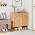 2-Door 4-Tier Shoe Cabinet Storage Organizer with Ventilated Woven Doors-Teak - Teak - Shoe Racks & Storage Benches