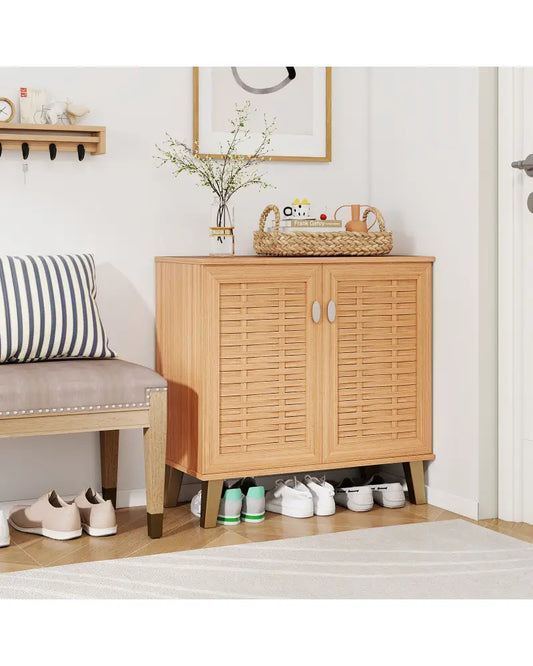 2-Door 4-Tier Shoe Cabinet Storage Organizer with Ventilated Woven Doors-Teak - Teak - Shoe Racks & Storage Benches
