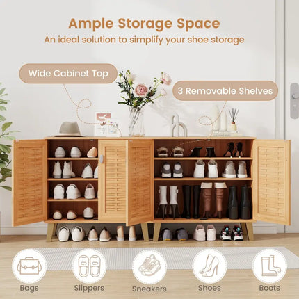 2-Door 4-Tier Shoe Cabinet Storage Organizer with Ventilated Woven Doors-Teak - Teak - Shoe Racks & Storage Benches