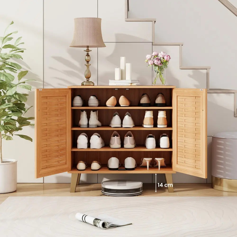 2-Door 4-Tier Shoe Cabinet Storage Organizer with Ventilated Woven Doors-Teak - Teak - Shoe Racks & Storage Benches