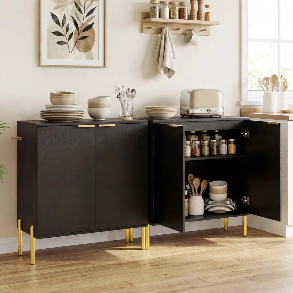 2-Door Buffet Cabinet Sideboard with Shelf and Metal Legs-Black - Black - Sideboards Cabinets & Buffets