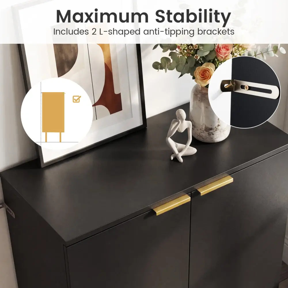 2-Door Buffet Cabinet Sideboard with Shelf and Metal Legs-Black - Black - Sideboards Cabinets & Buffets