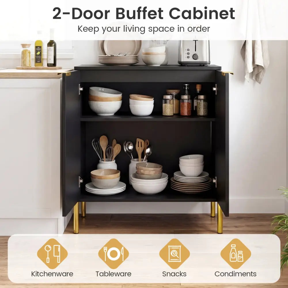 2-Door Buffet Cabinet Sideboard with Shelf and Metal Legs-Black - Black - Sideboards Cabinets & Buffets
