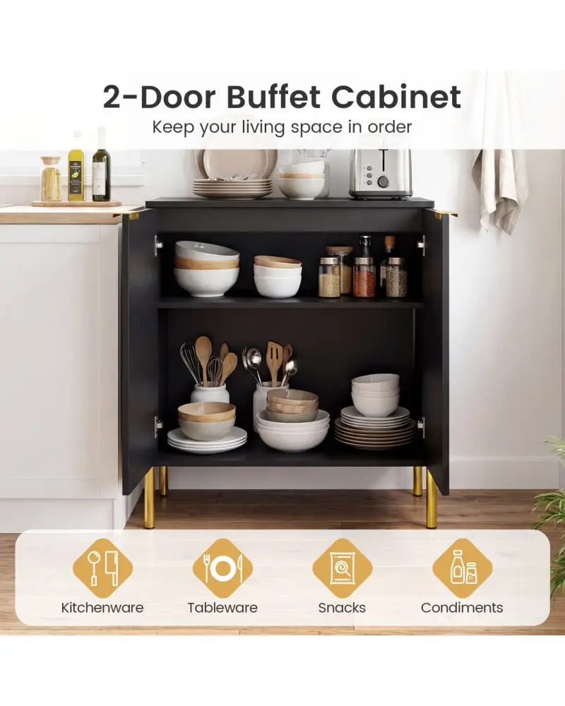 2-Door Buffet Cabinet Sideboard with Shelf and Metal Legs-Black - Black - Sideboards Cabinets & Buffets