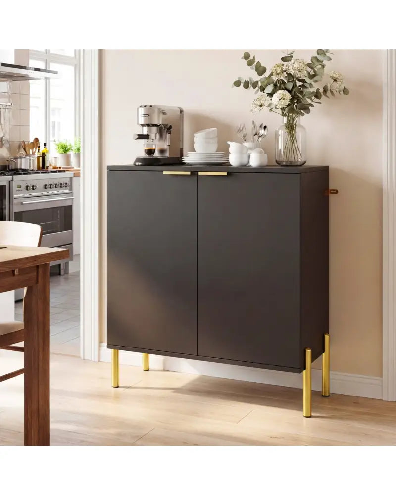 2-Door Buffet Cabinet Sideboard with Shelf and Metal Legs-Black - Black - Sideboards Cabinets & Buffets