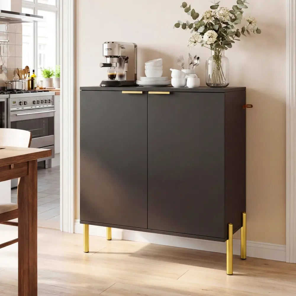 2-Door Buffet Cabinet Sideboard with Shelf and Metal Legs-Black - Black - Sideboards Cabinets & Buffets