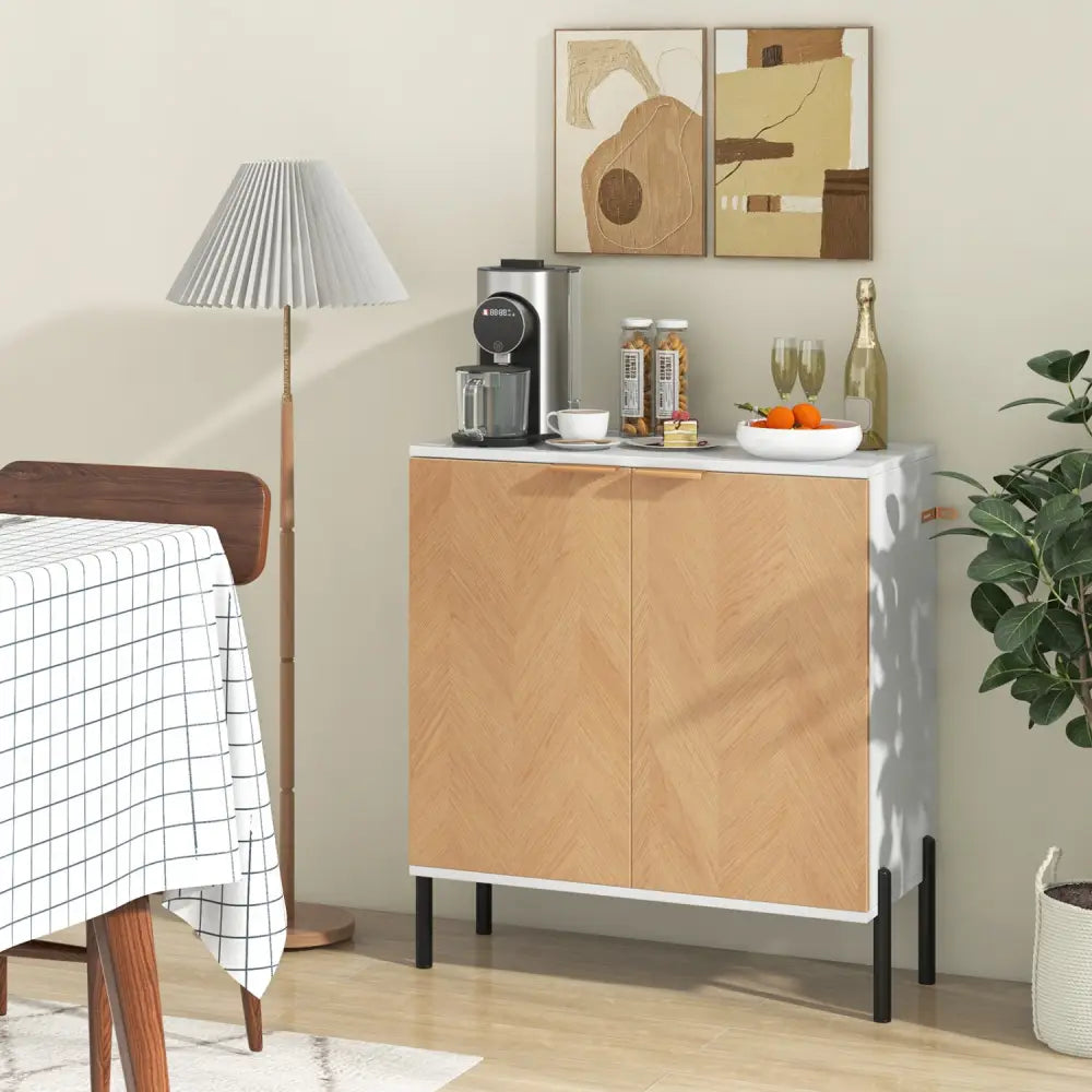 2-Door Buffet Cabinet Sideboard with Shelf and Metal Legs-White-Natural Wood - Natural & White - Sideboards Cabinets &