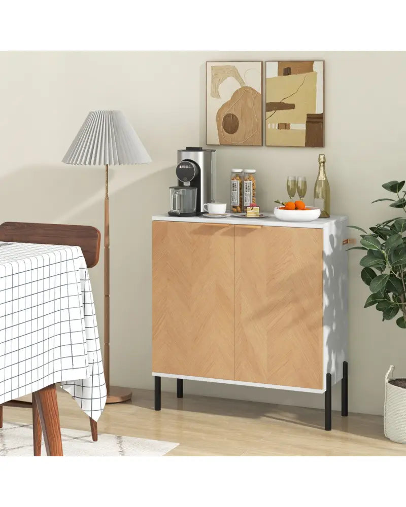 2-Door Buffet Cabinet Sideboard with Shelf and Metal Legs-White-Natural Wood - Natural & White - Sideboards Cabinets &
