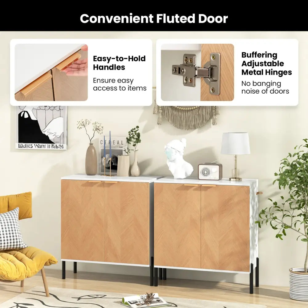 2-Door Buffet Cabinet Sideboard with Shelf and Metal Legs-White-Natural Wood - Natural & White - Sideboards Cabinets &