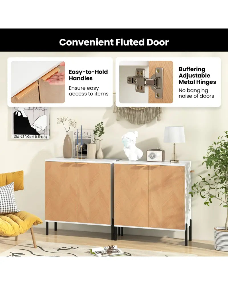 2-Door Buffet Cabinet Sideboard with Shelf and Metal Legs-White-Natural Wood - Natural & White - Sideboards Cabinets &