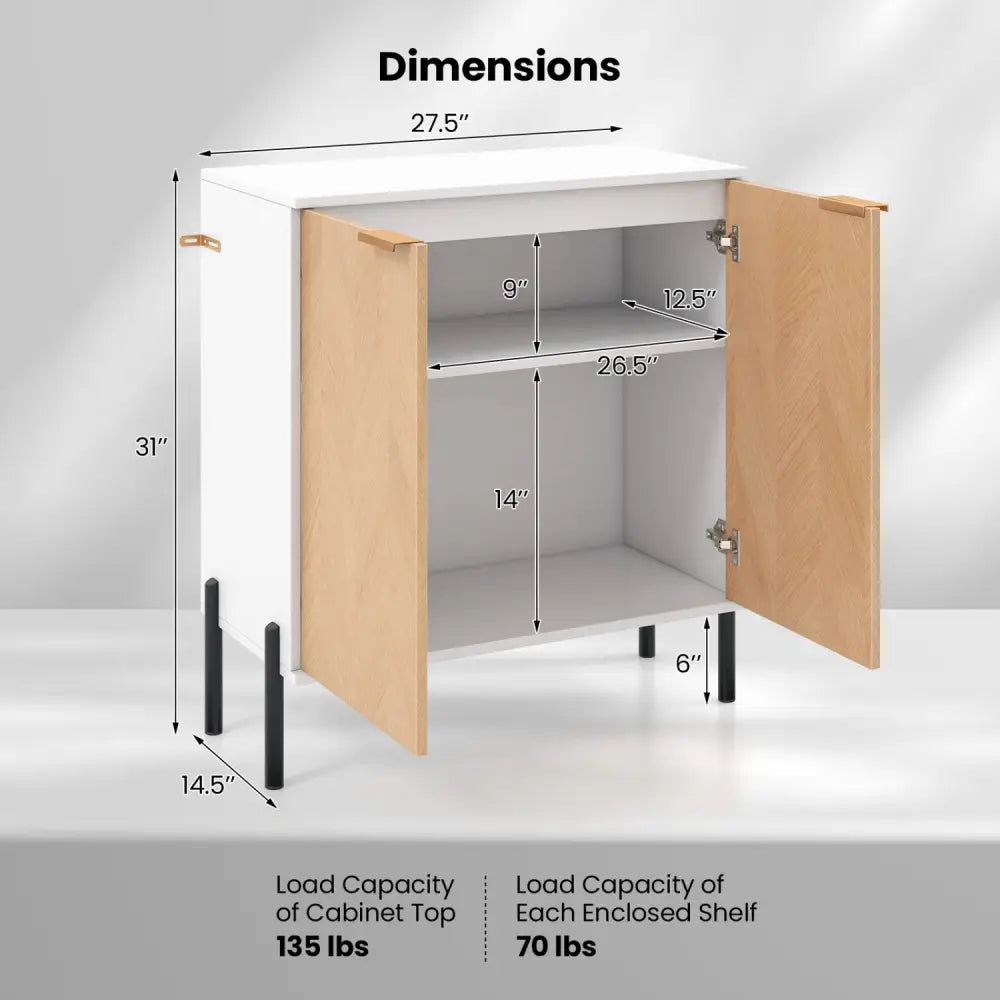 2-Door Buffet Cabinet Sideboard with Shelf and Metal Legs-White-Natural Wood - Natural & White - Sideboards Cabinets &