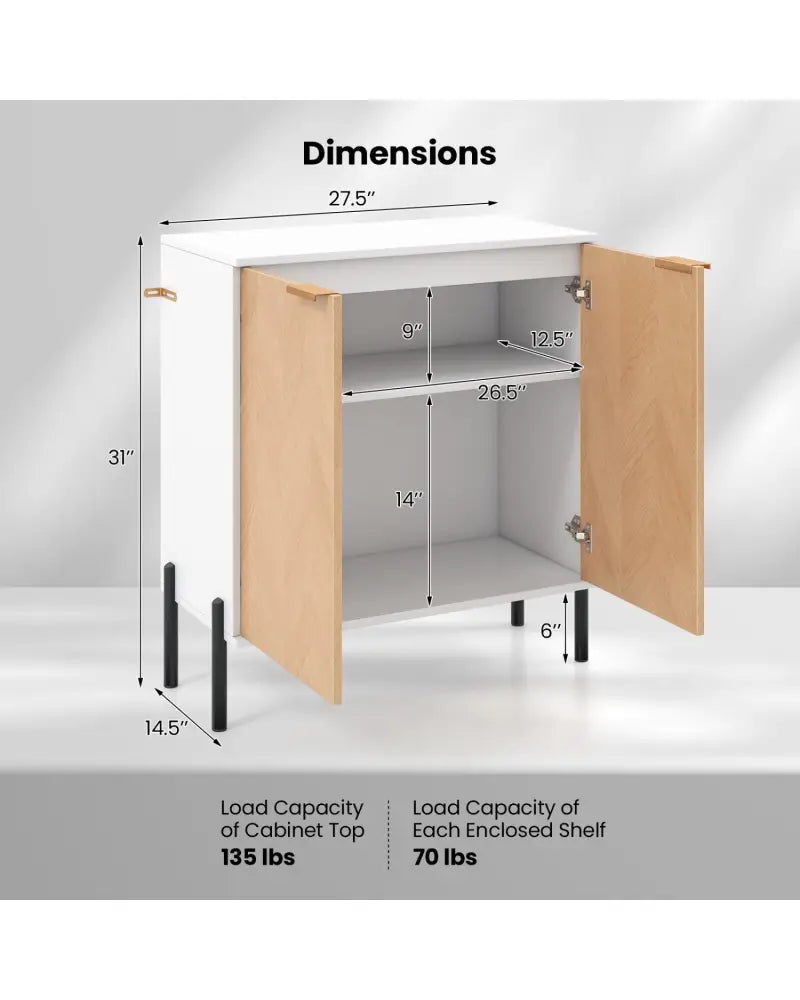2-Door Buffet Cabinet Sideboard with Shelf and Metal Legs-White-Natural Wood - Natural & White - Sideboards Cabinets &