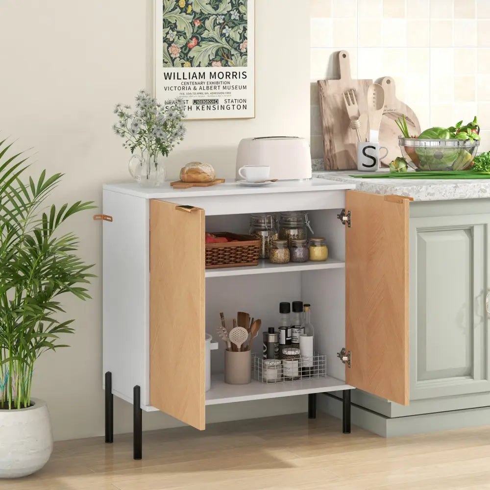 2-Door Buffet Cabinet Sideboard with Shelf and Metal Legs-White-Natural Wood - Natural & White - Sideboards Cabinets &