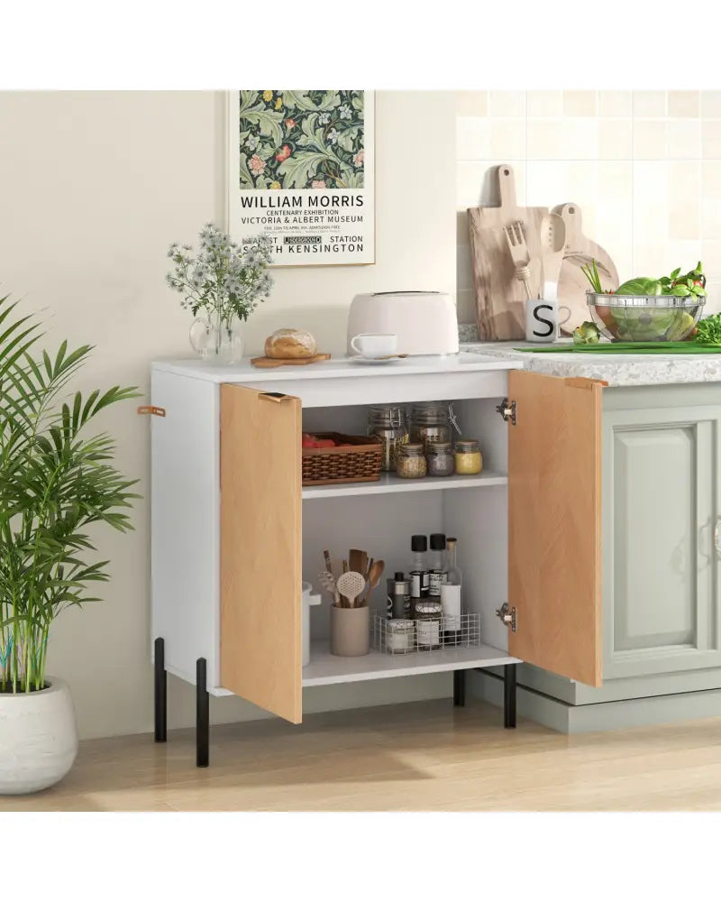 2-Door Buffet Cabinet Sideboard with Shelf and Metal Legs-White-Natural Wood - Natural & White - Sideboards Cabinets &