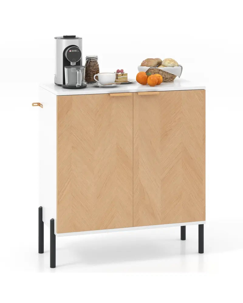 2-Door Buffet Cabinet Sideboard with Shelf and Metal Legs-White-Natural Wood - Natural & White - Sideboards Cabinets &