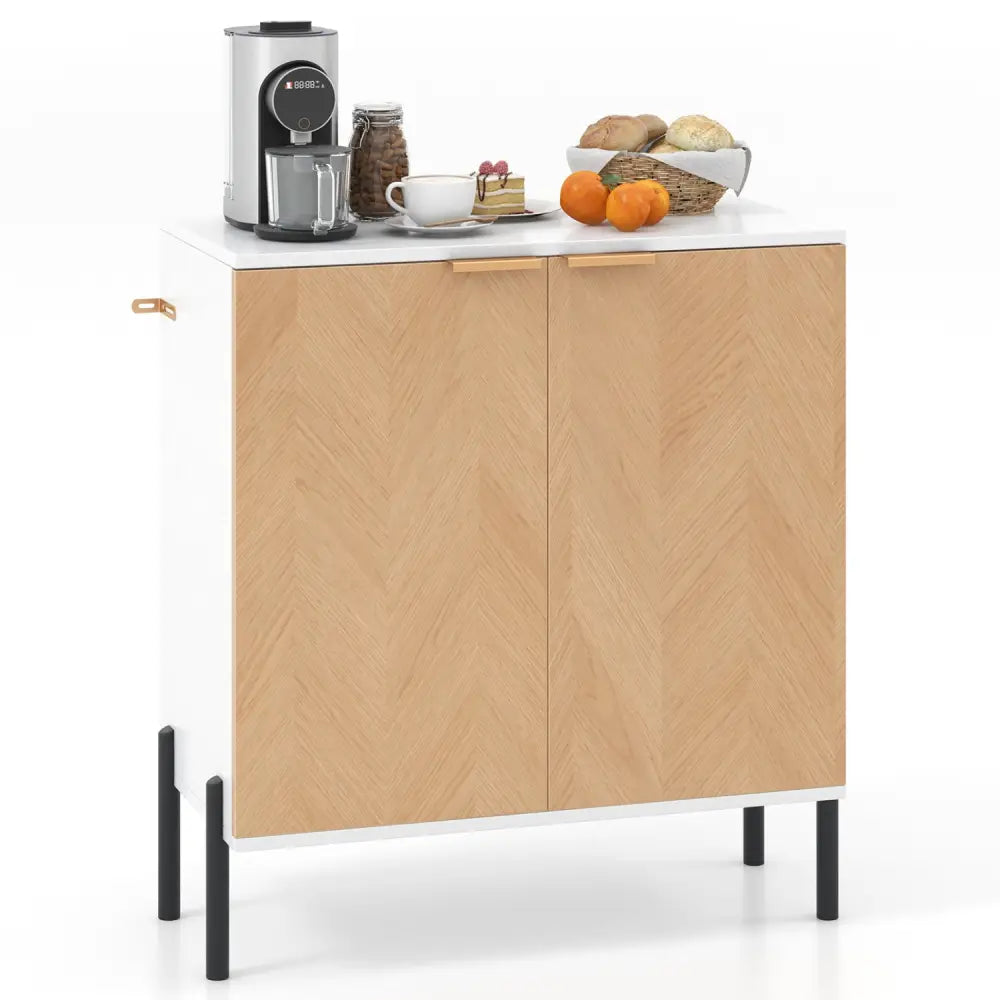 2-Door Buffet Cabinet Sideboard with Shelf and Metal Legs-White-Natural Wood - Natural & White - Sideboards Cabinets &
